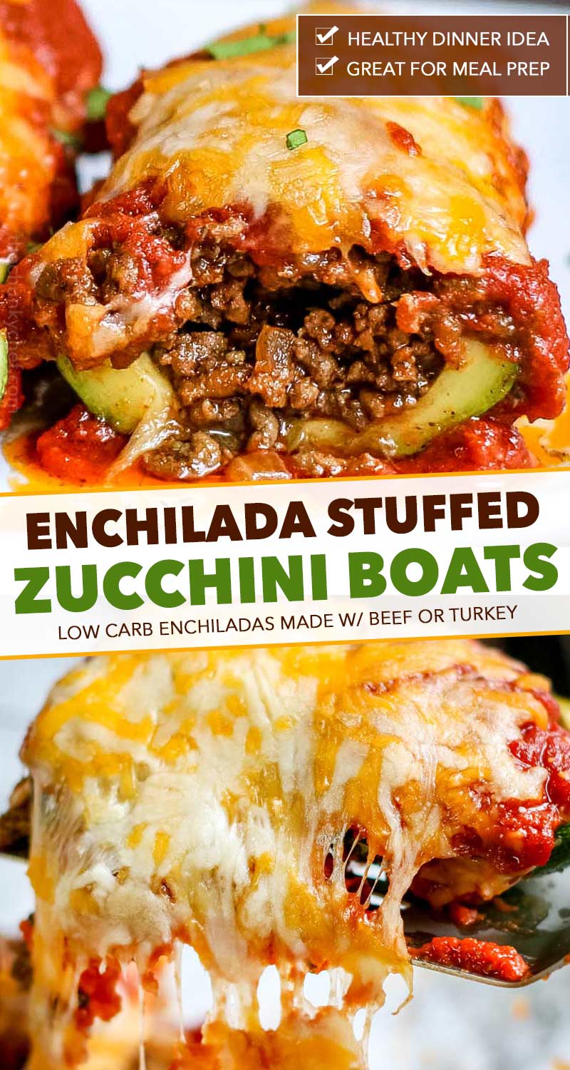 Enchilada zucchini boats are a great family dinner!  Packed with protein and flavor, plus low in carbs, these enchiladas are the perfect healthier dinner recipe! #enchilada #zucchini #stuffed #zucchiniboats #healthyrecipe #easyrecipe #weeknight 