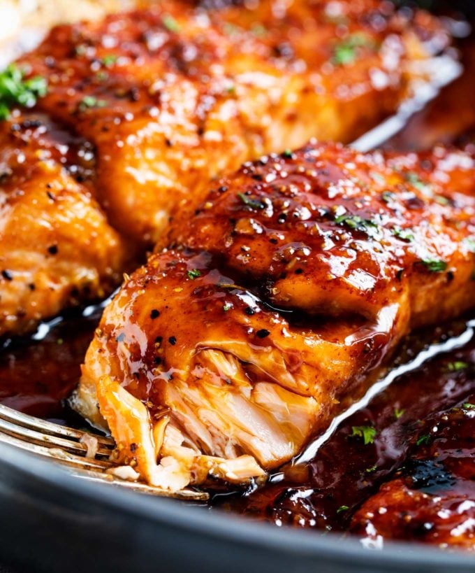 Bite of honey glazed salmon