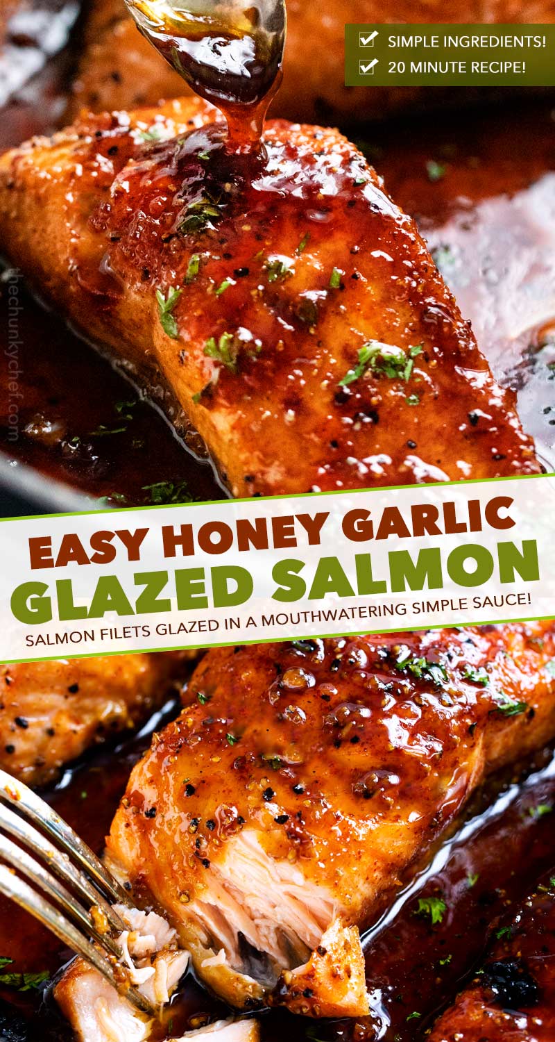 HONEY GARLIC SALMON - Succulent and tender salmon filets cooked in a mouthwatering simple honey garlic sauce, then broiled until sticky and caramelized.  Made with simple ingredients, in one pan, and in just 20 minutes! #salmon #honeygarlic #onepan #easyrecipe #dinner #seafood #fish