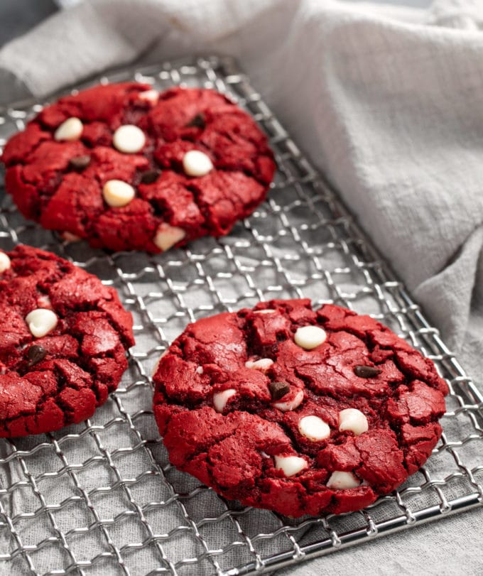 Red velvet cake mix cookies on cooling racks