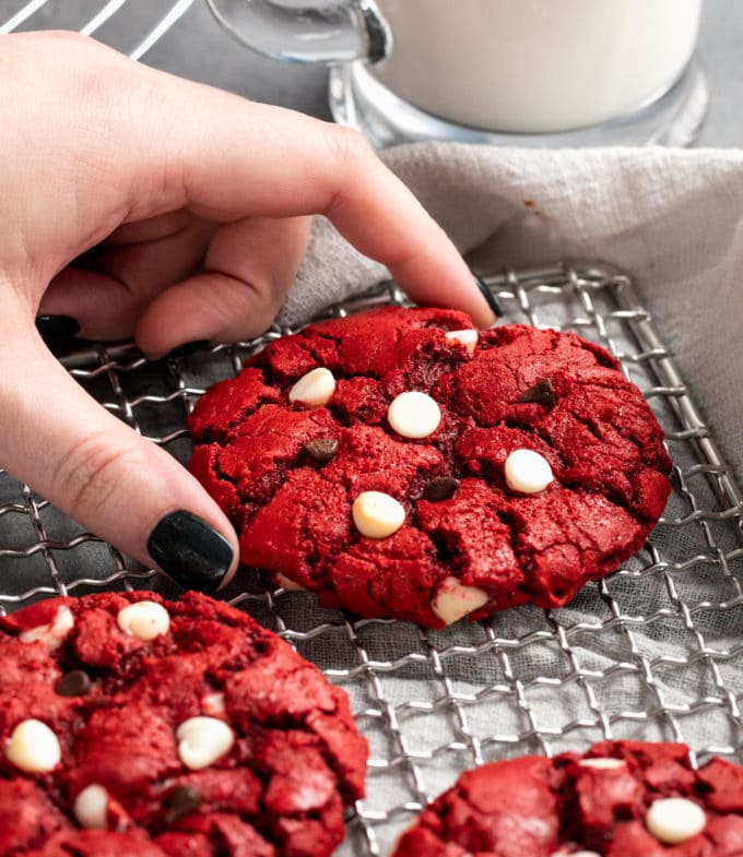 Red velvet cake mix cookies on cooling rack