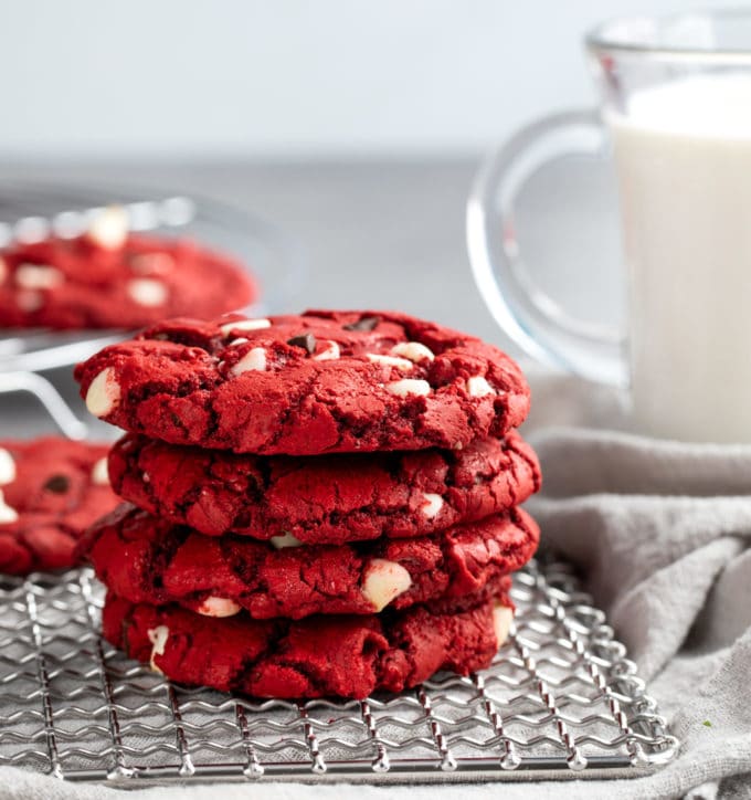 stack of red velvet cake mix cookies