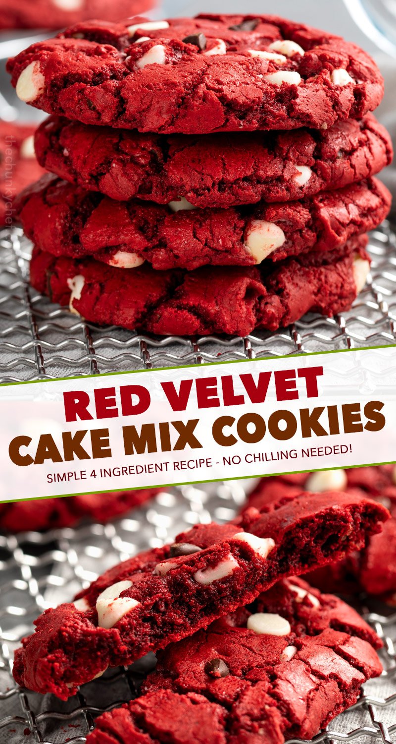 These Red Velvet Cake Mix Cookies are made using just 4 simple ingredients, and are on the cooling rack in 20 minutes - including prep time! Great for Valentine's Day or when you need a quick dessert. #redvelvet #cakemix #cookies #baking #dessert #dessertrecipe #easyrecipe #valentinesday