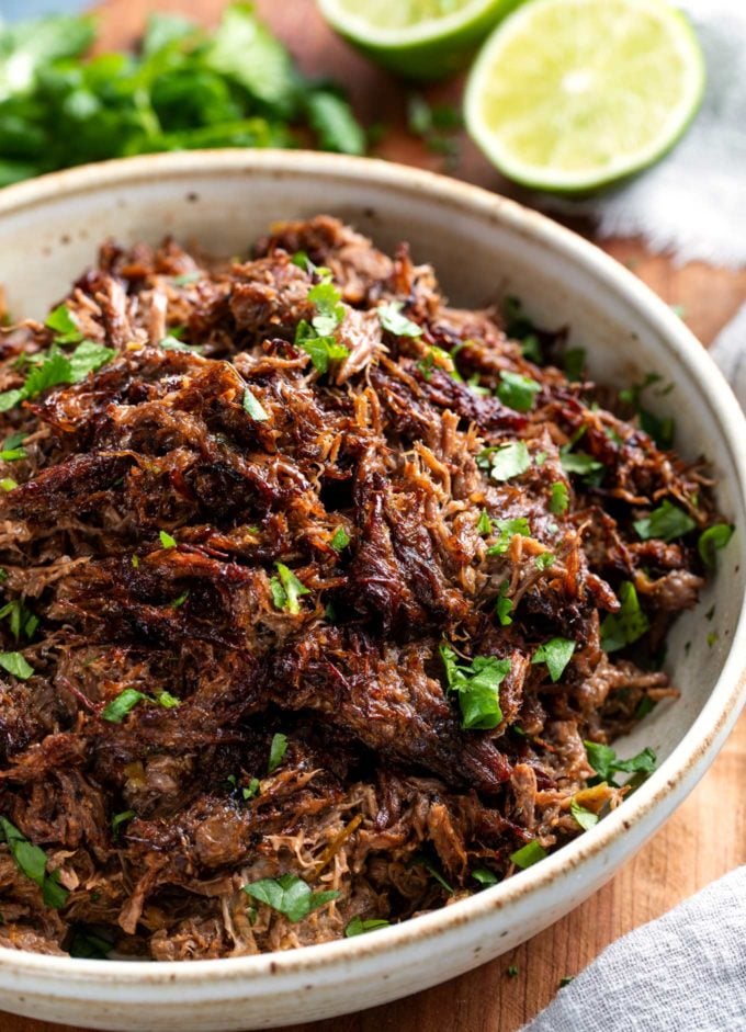 Shredded beef barbacoa in bowl