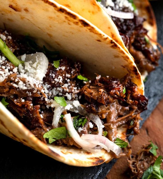 Shredded beef barbacoa in taco