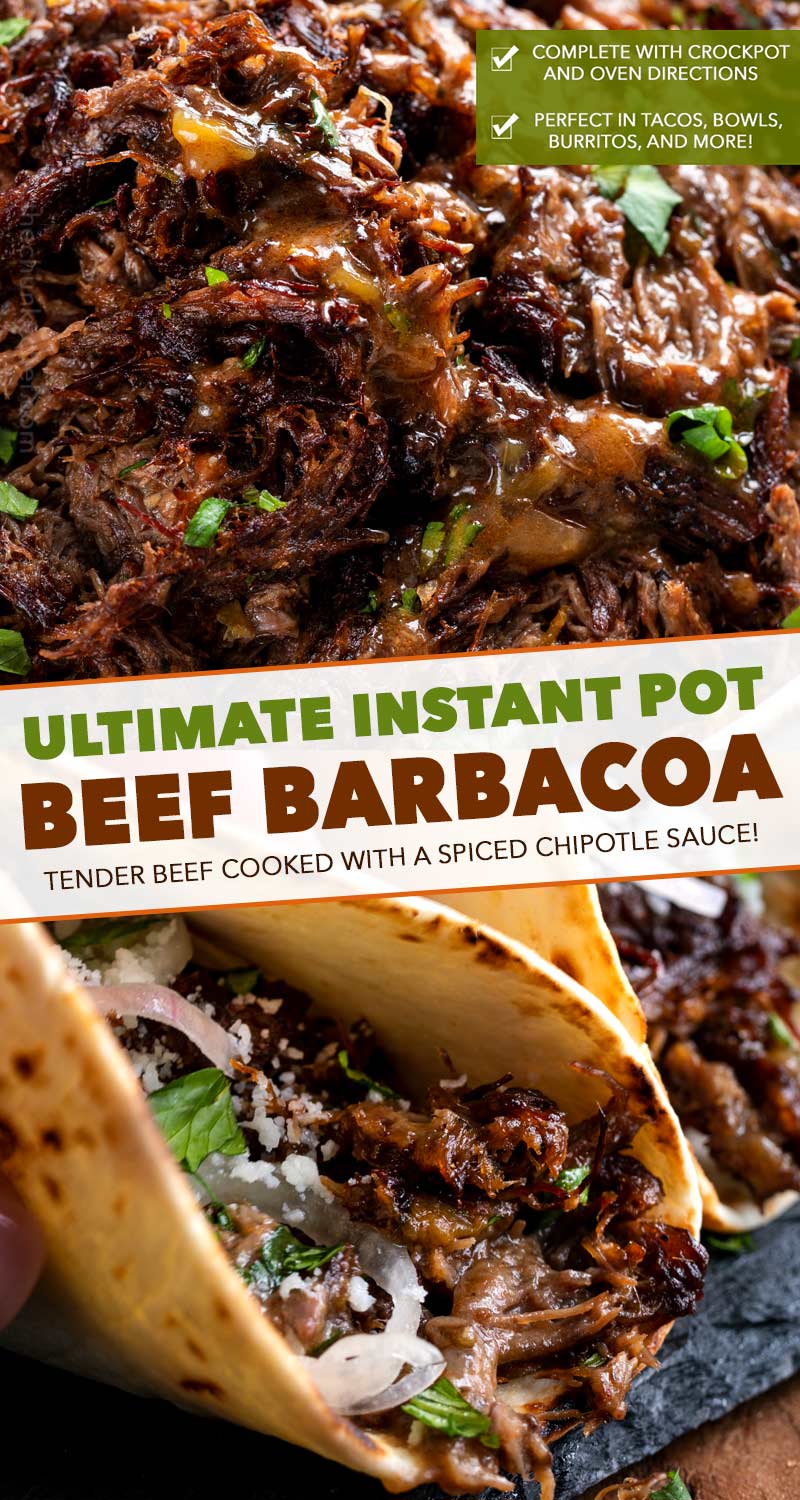 Truly melt-in-your-mouth tender and juicy, this beef barbacoa is loaded with bold flavors and ready for your tacos, burritos, bowls, or nachos!  Directions for pressure cooker, slow cooker, and the oven! #barbacoa #beef #mexican #shreddedbeef #cincodemayo #instantpot #pressurecooker #easyrecipe