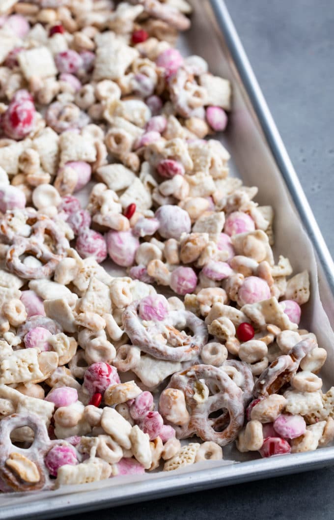 Chocolate chex mix recipe on baking sheet