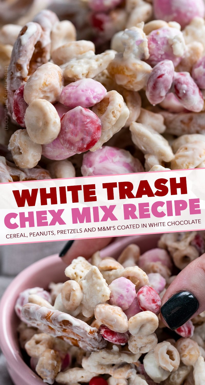 Mix of cereal, pretzels, peanuts, and m&m's, all tossed together with plenty of white chocolate. Perfect no bake recipe, made in less than 10 minutes!  Great for any holiday! #chexmix #snackmix #whitetrash #whitechocolate #trailmix #nobake #dessert #easyrecipe