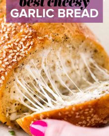 The easiest cheesy garlic bread ever! Frozen bread doesn’t stand a chance against this buttery, gooey and toasty bread! #garlicbread #garlic #bread #easyrecipe #homemade #cheesy #cheesybread #italian