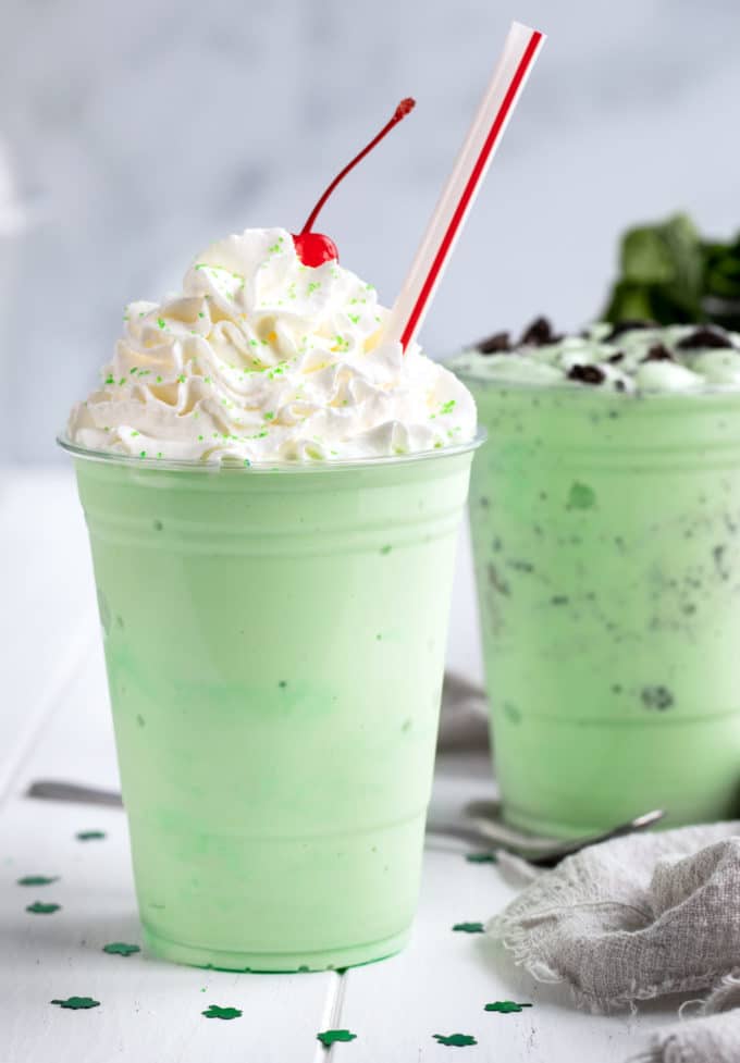 Shamrock shake and Oreo Shamrock McFlurry in cups