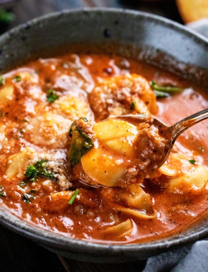 Spoonful of sausage tortellini soup