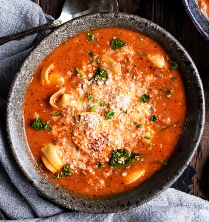 Bowl of Instant pot sausage tortellini soup