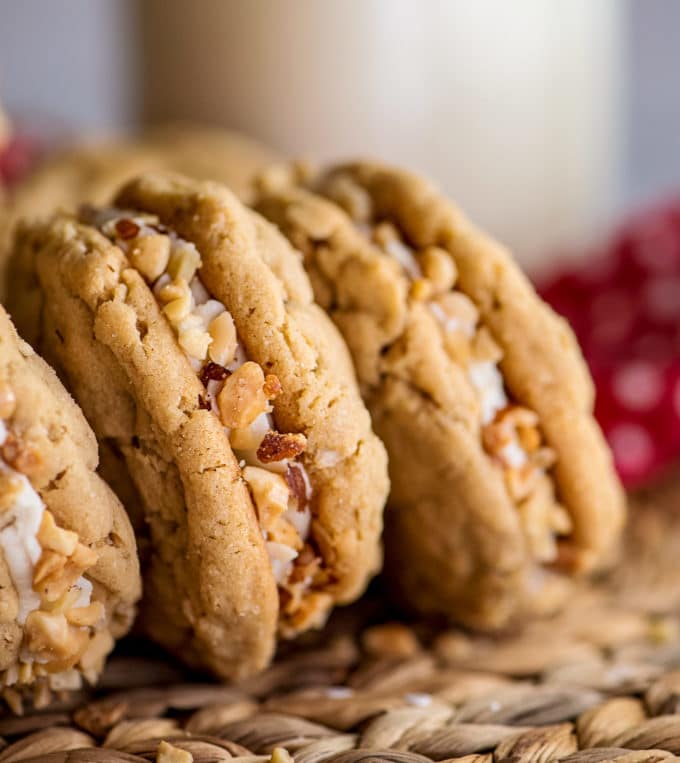 Peanut butter cookie sandwiches on their side