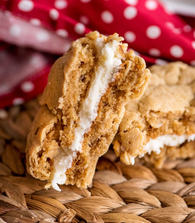 Half of a peanut butter sandwich cookie showing the filling