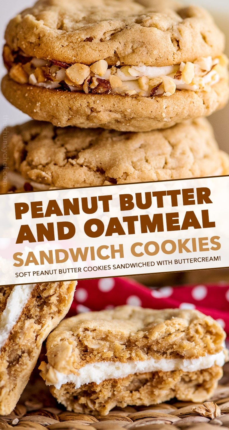 Chewy peanut butter cookies sandwiched together with rich buttercream, and rolled in crushed peanuts!  It's a peanut butter lover's dream dessert! #peanutbutter #cookies #dessert #easyrecipe #baking #chewy #oatmeal #sandwich #homemade