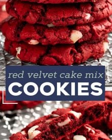 These Red Velvet Cake Mix Cookies are made using just 4 simple ingredients, and are on the cooling rack in 20 minutes - including prep time!  Great for Valentine's Day or when you need a quick dessert. #redvelvet #cakemix #cookies #baking #dessert #dessertrecipe #easyrecipe #valentinesday