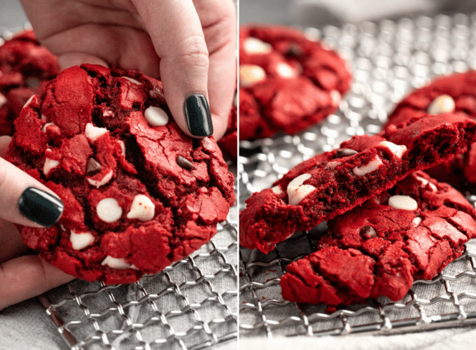 These Red Velvet Cake Mix Cookies are made using just 4 simple ingredients, and are on the cooling rack in 20 minutes - including prep time!  Great for Valentine's Day or when you need a quick dessert. #redvelvet #cakemix #cookies #baking #dessert #dessertrecipe #easyrecipe #valentinesday