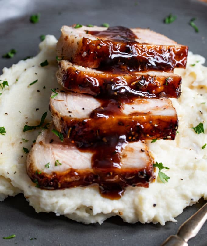 Bourbon glaze over the top of baked pork chops