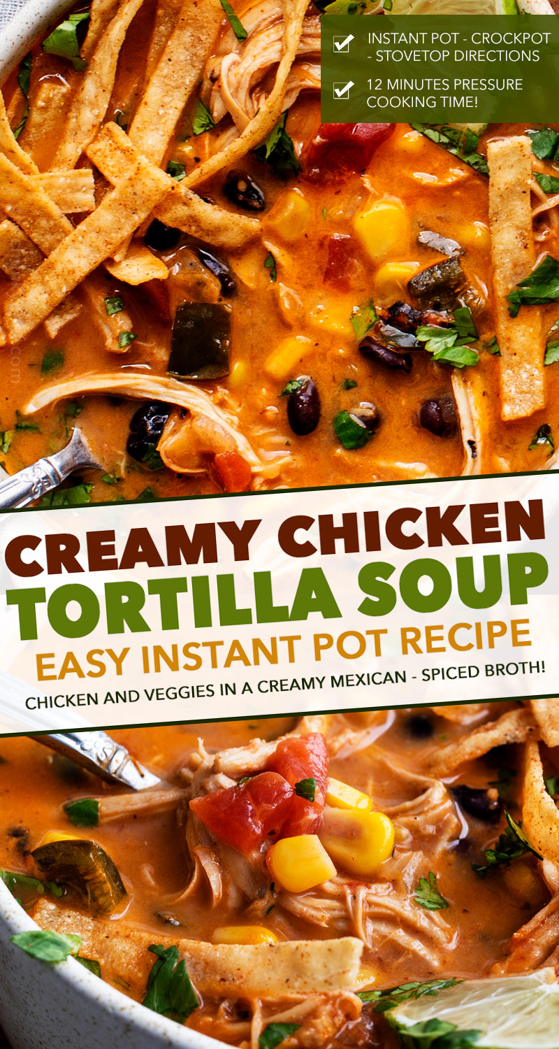This Instant Pot Creamy Chicken Tortilla Soup is an easy tex-mex weeknight meal the whole family will love!  Easily made in your pressure cooker, slow cooker, or right on the stovetop! #chicken #tortilla #soup #creamy #instantpot #pressurecooker #easyrecipe #weeknight #dinner #lunch