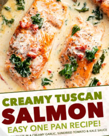 Tender salmon filets smothered in a rich garlic cream sauce filled with sun-dried tomatoes, kale and Parmesan cheese. Restaurant quality salmon, in 30 minutes! #salmon #seafood #fish #creamsauce #30minutemeal #easyrecipe #tuscan #Italian #sundriedtomatoes #kale #spinach