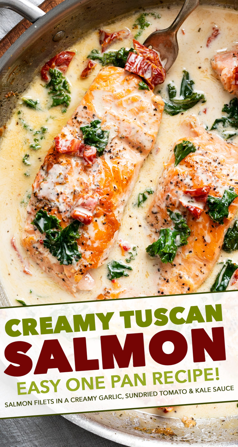 Tender salmon filets smothered in a rich garlic cream sauce filled with sun-dried tomatoes, kale and Parmesan cheese. Restaurant quality salmon, in 30 minutes! #salmon #seafood #fish #creamsauce #30minutemeal #easyrecipe #tuscan #Italian #sundriedtomatoes #kale #spinach