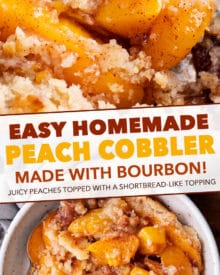This peach cobbler is made with cinnamon sugared peaches, topped with a buttery shortbread-like topping, then baked to bubbly perfection!  Made with fresh, frozen or canned peaches, it's the perfect summer dessert recipe! #cobbler #peach #dessert #dessertrecipe #summer #peaches #southern #easydessert #easyrecipe