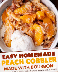 This peach cobbler is made with cinnamon sugared peaches, topped with a buttery shortbread-like topping, then baked to bubbly perfection!  Made with fresh, frozen or canned peaches, it's the perfect summer dessert recipe! #cobbler #peach #dessert #dessertrecipe #summer #peaches #southern #easydessert #easyrecipe