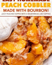 This peach cobbler is made with cinnamon sugared peaches, topped with a buttery shortbread-like topping, then baked to bubbly perfection!  Made with fresh, frozen or canned peaches, it's the perfect summer dessert recipe! #cobbler #peach #dessert #dessertrecipe #summer #peaches #southern #easydessert #easyrecipe