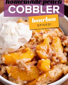 This peach cobbler is made with cinnamon sugared peaches, topped with a buttery shortbread-like topping, then baked to bubbly perfection!  Made with fresh, frozen or canned peaches, it's the perfect summer dessert recipe! #cobbler #peach #dessert #dessertrecipe #summer #peaches #southern #easydessert #easyrecipe