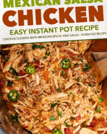 Tender shredded chicken, smothered in the most mouthwatering Mexican sauce made from salsa, green chiles, tomatoes and plenty of bold spices!  Perfect pantry meal, and can be used for so many things (tacos, enchiladas, etc). #chicken #mexican #salsa #shredded #instantpot #pressurecooker #slowcooker #crockpot #cincodemayo #taconight