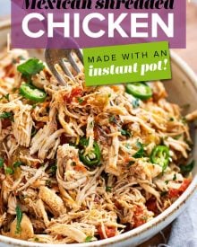 Tender shredded chicken, smothered in the most mouthwatering Mexican sauce made from salsa, green chiles, tomatoes and plenty of bold spices!  Perfect pantry meal, and can be used for so many things (tacos, enchiladas, etc). #chicken #mexican #salsa #shredded #instantpot #pressurecooker #slowcooker #crockpot #cincodemayo #taconight