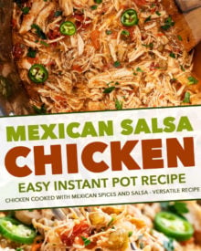 Tender shredded chicken, smothered in the most mouthwatering Mexican sauce made from salsa, green chiles, tomatoes and plenty of bold spices!  Perfect pantry meal, and can be used for so many things (tacos, enchiladas, etc). #chicken #mexican #salsa #shredded #instantpot #pressurecooker #slowcooker #crockpot #cincodemayo #taconight