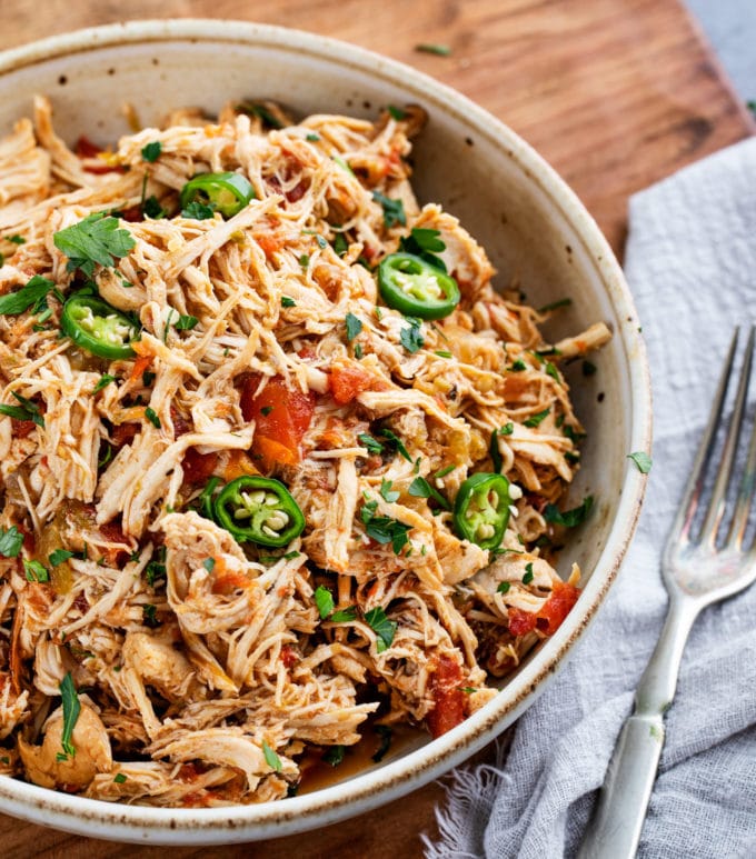 Bowl of mexican shredded chicken