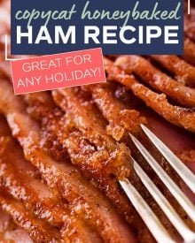 This copycat Honey Baked Ham is juicy and tender, with the most amazing crispy sweet glaze!  Made with honey, sugar, and mouthwatering spices, you'll be amazed at how easy it is to make this ham at home and save a TON of money! #holiday #easter #ham #copycatrecipe #hamrecipe #dinner #honeybaked #spiralham 
