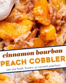 This peach cobbler is made with cinnamon sugared peaches, topped with a buttery shortbread-like topping, then baked to bubbly perfection!  Made with fresh, frozen or canned peaches, it's the perfect summer dessert recipe!