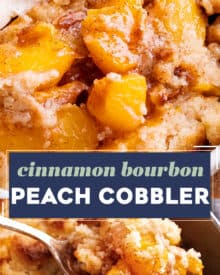 This peach cobbler is made with cinnamon sugared peaches, topped with a buttery shortbread-like topping, then baked to bubbly perfection!  Made with fresh, frozen or canned peaches, it's the perfect summer dessert recipe!