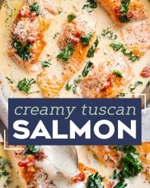 Tender salmon filets smothered in a rich garlic cream sauce filled with sun-dried tomatoes, kale and Parmesan cheese. Restaurant quality salmon, in 30 minutes! #salmon #seafood #fish #creamsauce #30minutemeal #easyrecipe #tuscan #Italian #sundriedtomatoes #kale #spinach