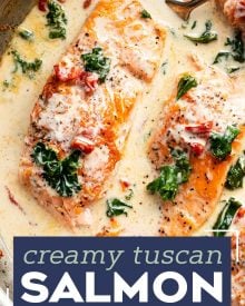 Tender salmon filets smothered in a rich garlic cream sauce filled with sun-dried tomatoes, kale and Parmesan cheese. Restaurant quality salmon, in 30 minutes! #salmon #seafood #fish #creamsauce #30minutemeal #easyrecipe #tuscan #Italian #sundriedtomatoes #kale #spinach