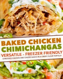 Crispy baked chimichangas stuffed with juicy Mexican spiced chicken and plenty of gooey cheese!  Perfect easy family dinner that everyone will love. #chimichangas #chicken #mexican #stuffed #cheese #burrito #baked #crispy #easyrecipe