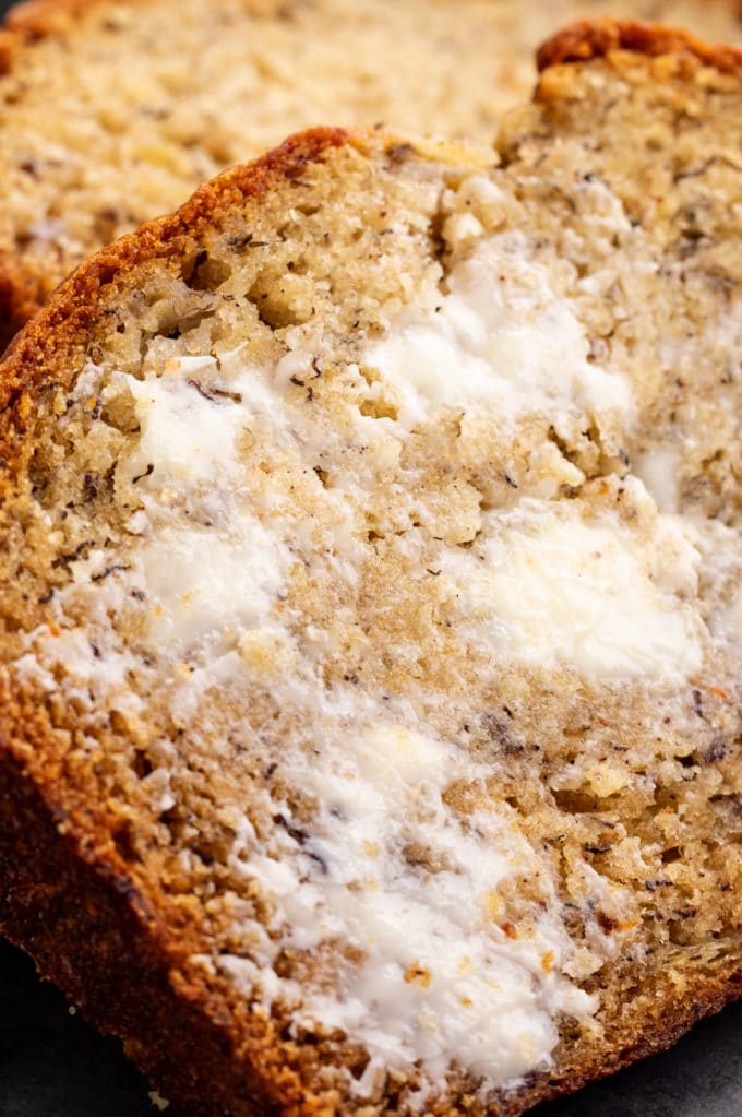 Close up of butter melting on warm banana bread