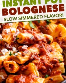 This Bolognese sauce recipe is hearty, rich and bursting with complex layers of flavor, and is on the table in 1 hour (instead of 2-3) thanks to the Instant Pot!  Pressure cook your way to an amazing Italian-style meal! #bolognese #meatsauce #spaghetti #italian #pasta #tomato #instantpot #pressurecooker #simmered