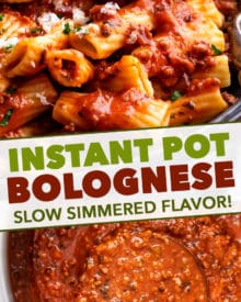 This Bolognese sauce recipe is hearty, rich and bursting with complex layers of flavor, and is on the table in 1 hour (instead of 2-3) thanks to the Instant Pot!  Pressure cook your way to an amazing Italian-style meal! #bolognese #meatsauce #spaghetti #italian #pasta #tomato #instantpot #pressurecooker #simmered