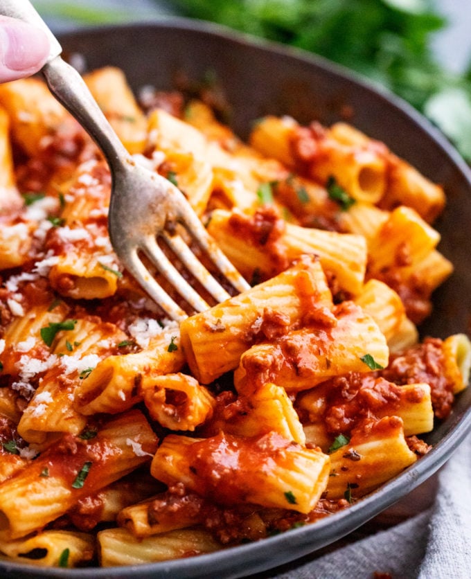 Forkful of pasta with bolognese sauce