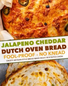 Jalapeno Cheddar Dutch Oven Bread is perfectly crusty on the outside, with a soft fluffy inside, and is made using simple ingredients. Deliciously savory with a bit of spice - perfect with a pat of butter, or for grilled cheese! #bread #homemade #dutchoven #baking #jalapeno #cheddar #pantry #noknead #baked #artisan