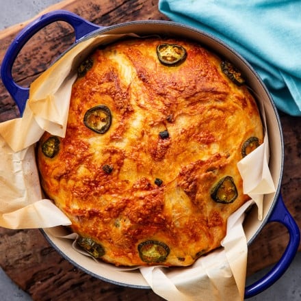 No knead bread made in a dutch oven with cheddar and jalapenos