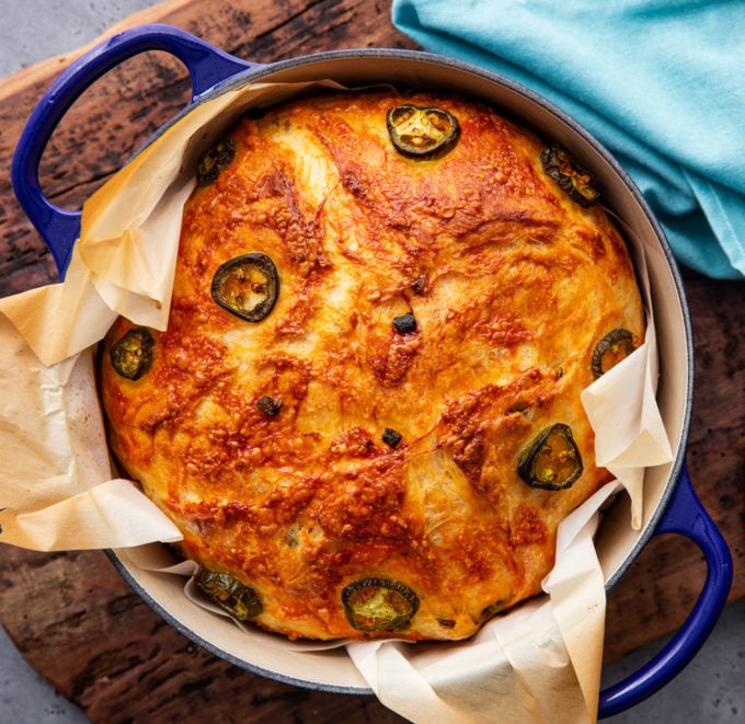 No knead bread made in a dutch oven with cheddar and jalapenos