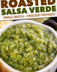The best salsa verde is made with roasted tomatillos, peppers, onion and garlic! Smoky, a little spicy, slightly sweet, and perfect with salty chips.  Great for Cinco de Mayo, potlucks, enchiladas and more! #salsa #salsaverde #roasted #tomatillo #cincodemayo #chipsandsalsa #mexican #fiesta