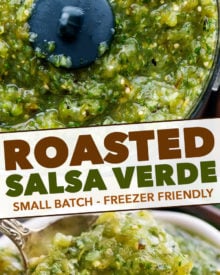 The best salsa verde is made with roasted tomatillos, peppers, onion and garlic! Smoky, a little spicy, slightly sweet, and perfect with salty chips.  Great for Cinco de Mayo, potlucks, enchiladas and more! #salsa #salsaverde #roasted #tomatillo #cincodemayo #chipsandsalsa #mexican #fiesta