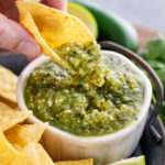 salsa verde on tortilla chip