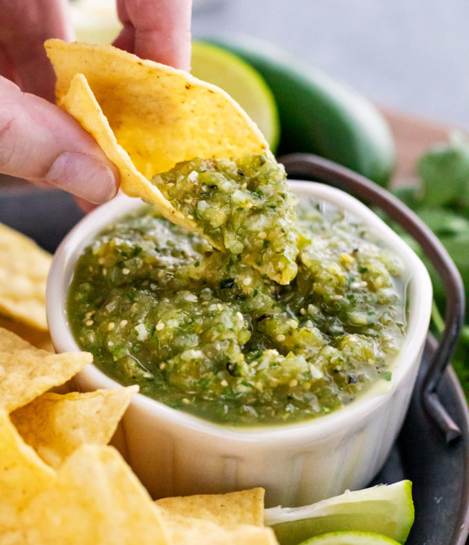 salsa verde on tortilla chip